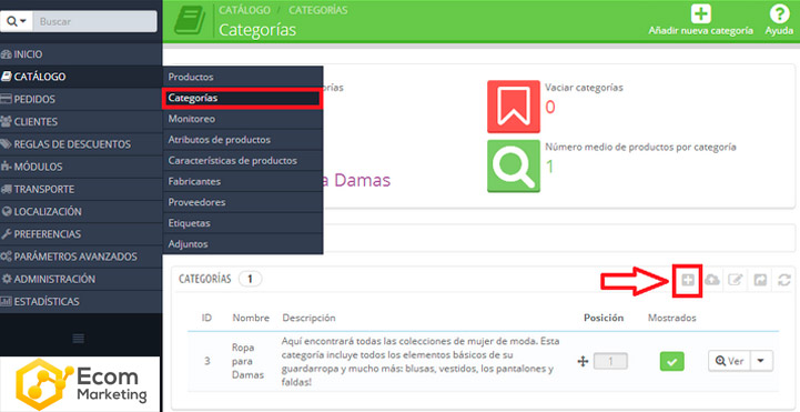 Interfaz del prestashop